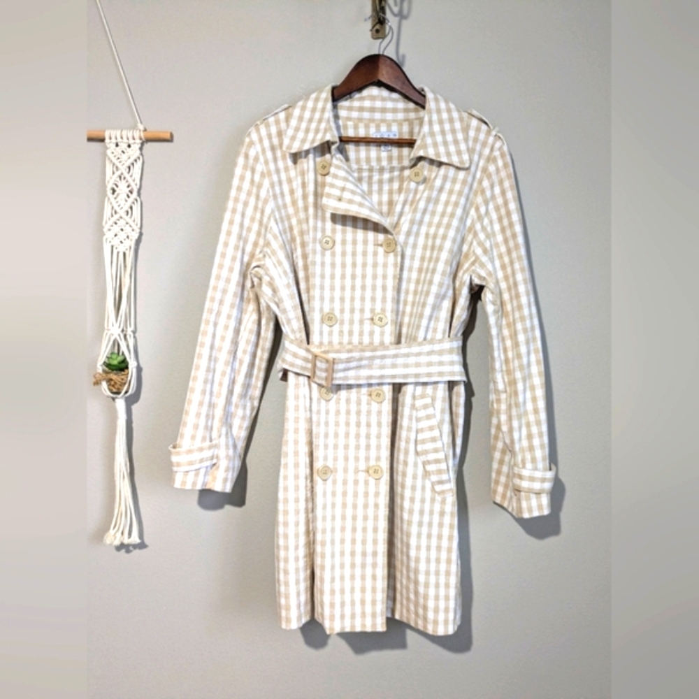 Joan Rivers Checker Print Double Breasted Belted Trench Jacket Coat XL